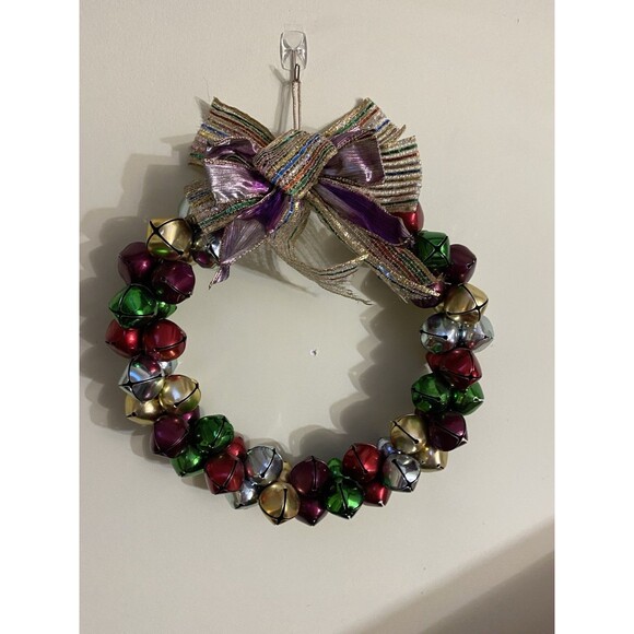 Vintage Christmas Jingle Bells Ribbons 13" Wreath Purple Gold Green Red & Silver - Picture 2 of 16